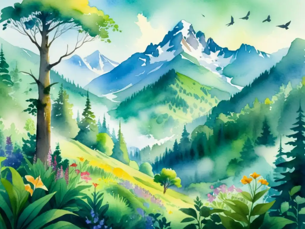 Pintura acuarela de un exuberante bosque con montañas y vida silvestre, evocando la poesía indígena visión mundo