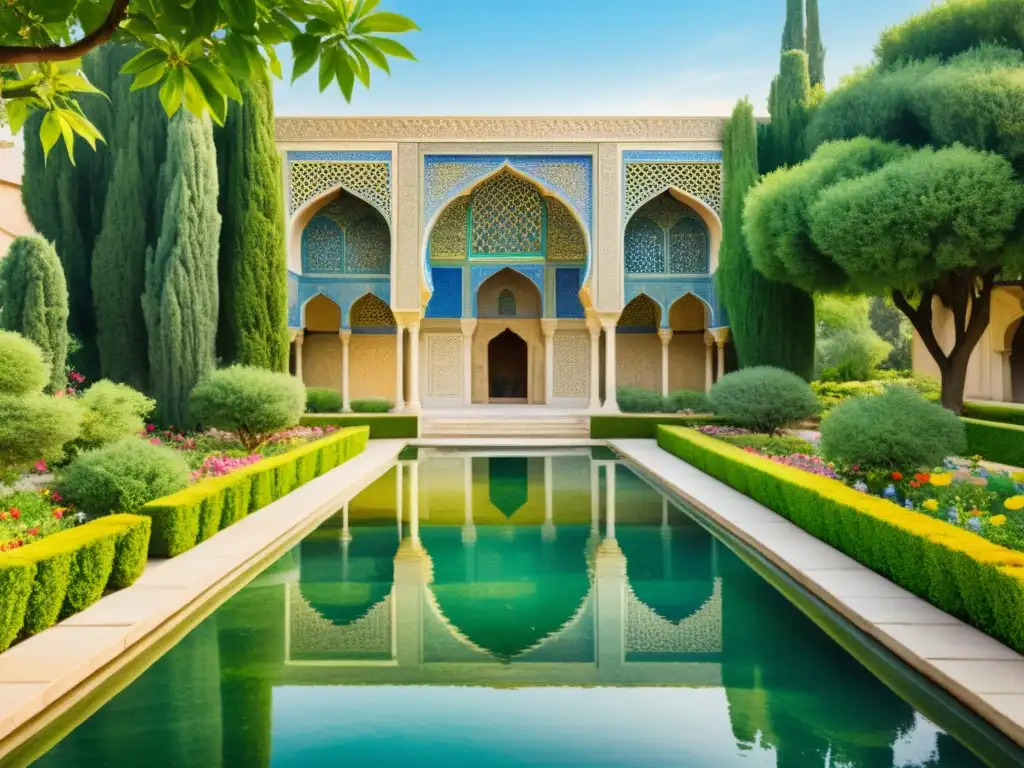 Pintura acuarela de un exuberante jardín persa con estructura de mármol y poesía contemporánea de Hafez