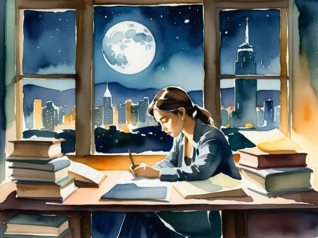 Una pintura acuarela con una figura melancólica en un escritorio, rodeada de libros y papeles arrugados, mirando la ciudad de noche