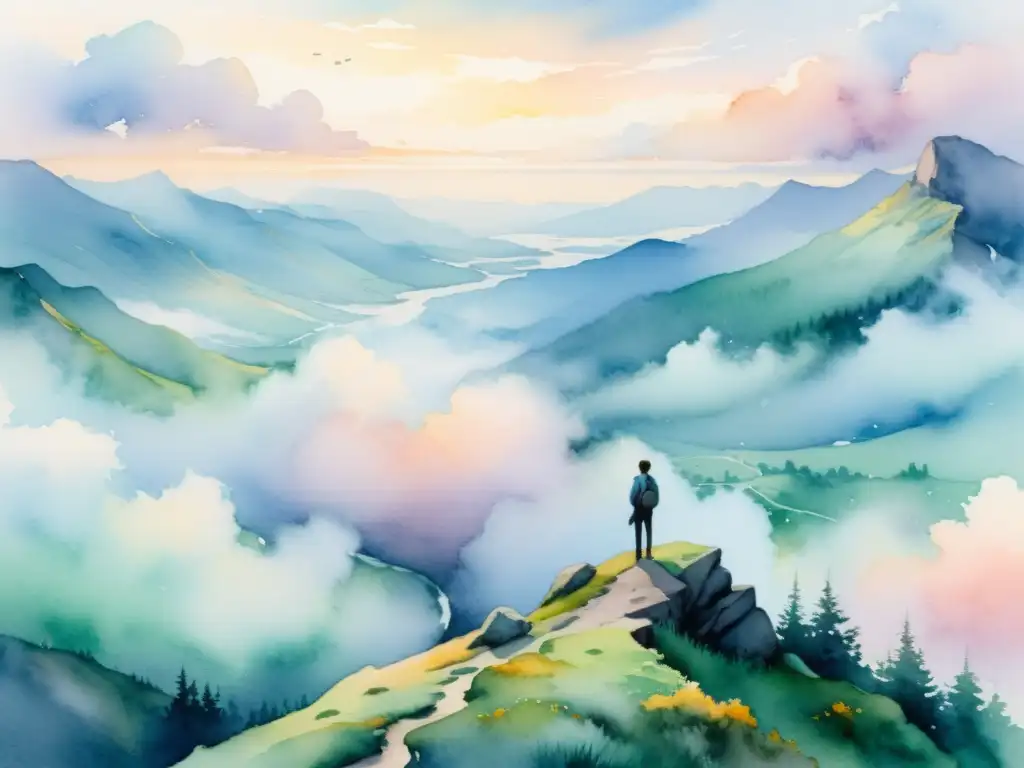 Pintura acuarela de figura solitaria en acantilado, rodeada de nubes etéreas y paisaje pastel