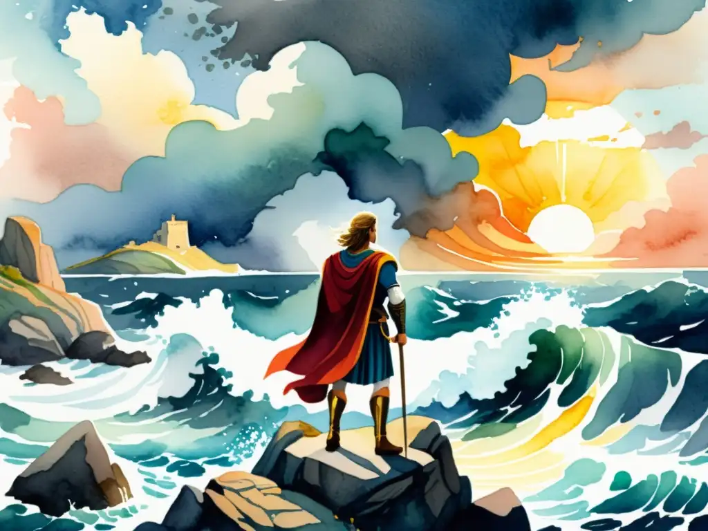 La pintura detalla a Aeneas, el héroe épico, en la orilla, contemplando el vasto mar