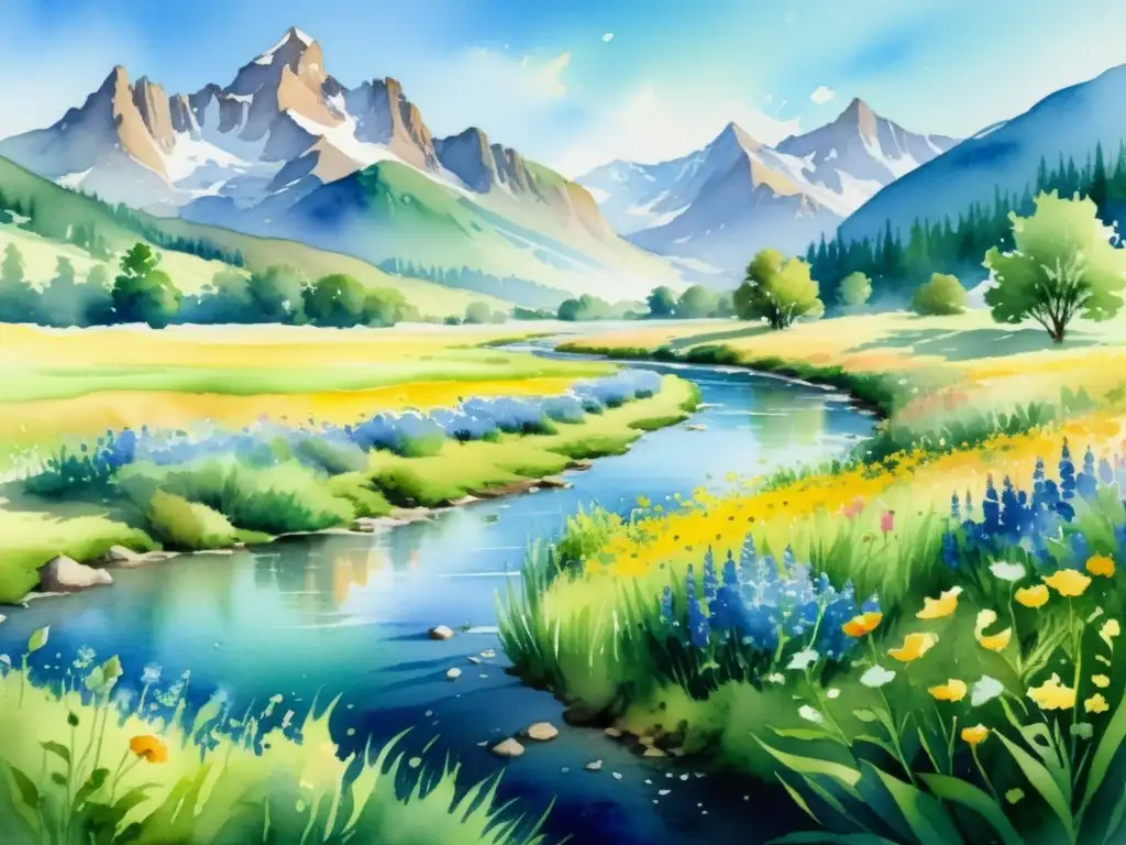 Una pintura acuarela impresionante muestra un prado sereno bañado por el sol, con flores silvestres vibrantes y un arroyo cristalino