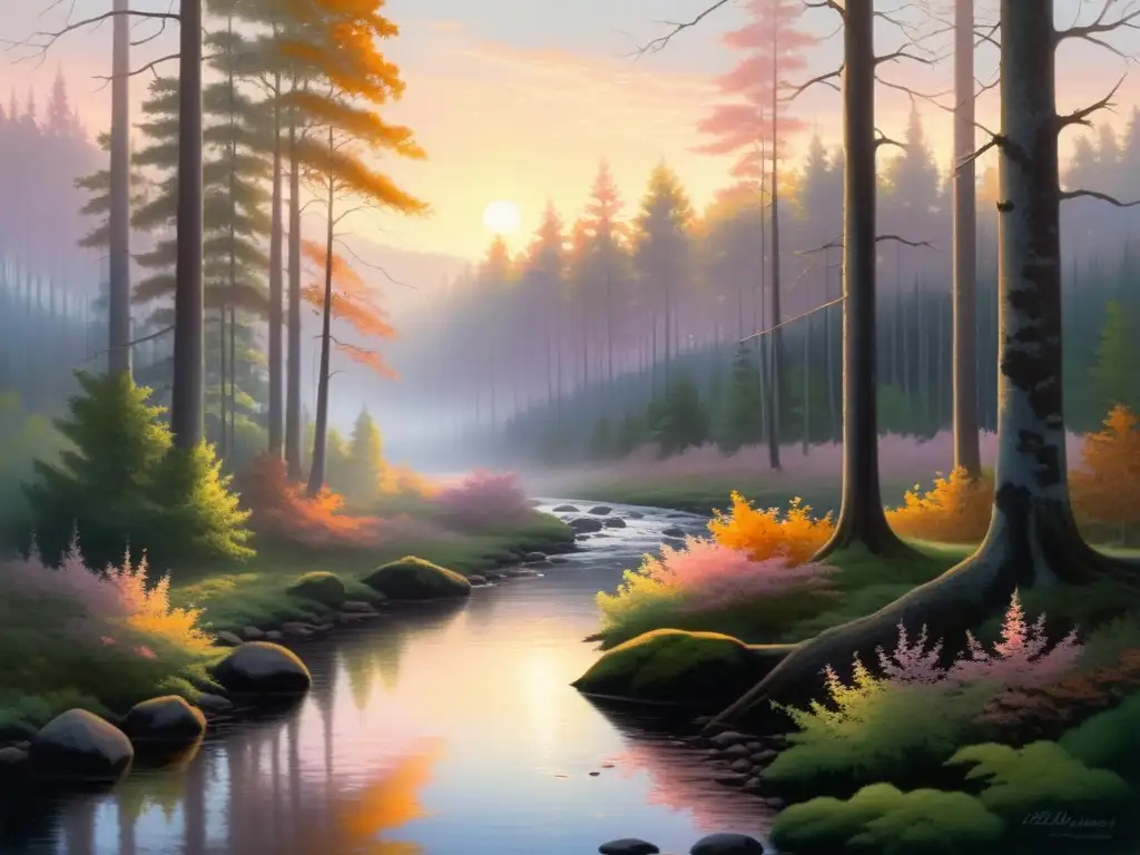 Una pintura impresionante de un sereno bosque al amanecer, con luz dorada suave filtrándose entre los árboles neblinosos