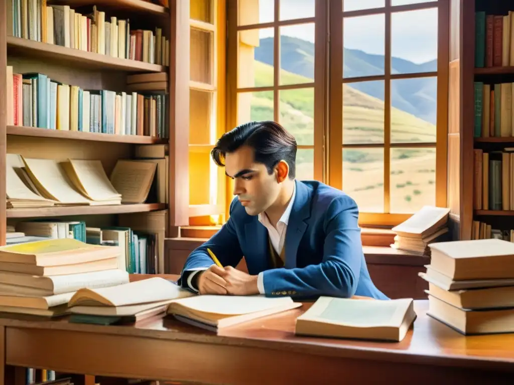 Federico García Lorca en pintura acuarela, inspirado en su historia y poesía en Andalucía, rodeado de libros y papeles, contemplando la naturaleza