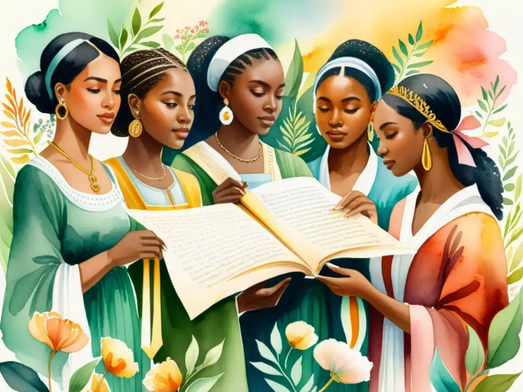 Una pintura acuarela intricada de mujeres diversas de diferentes épocas, sosteniendo pluma y pergamino, con cintas etéreas de poesía