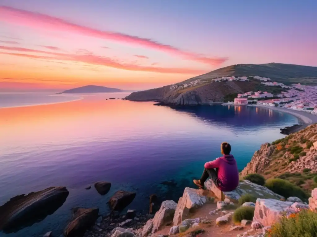 Una pintura acuarela en 8k de la isla de Lesbos al atardecer, con tonos vibrantes reflejándose en el agua