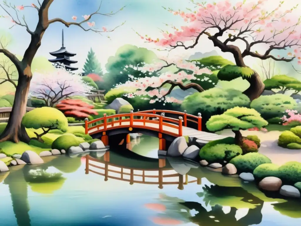 Pintura acuarela de un jardín japonés sereno con cerezo en flor y peces koi, reflejando la importancia del haiku en poesía