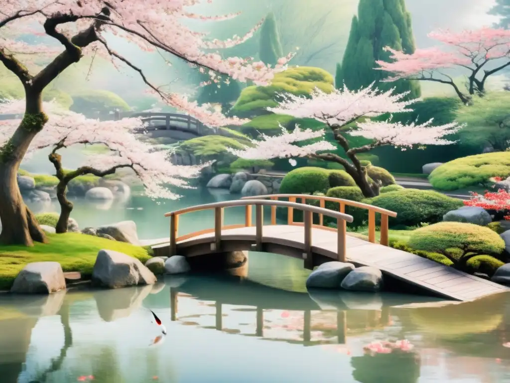 Pintura acuarela de un jardín japonés tranquilo con un puente de madera tradicional, cerezos en flor y una figura contemplativa