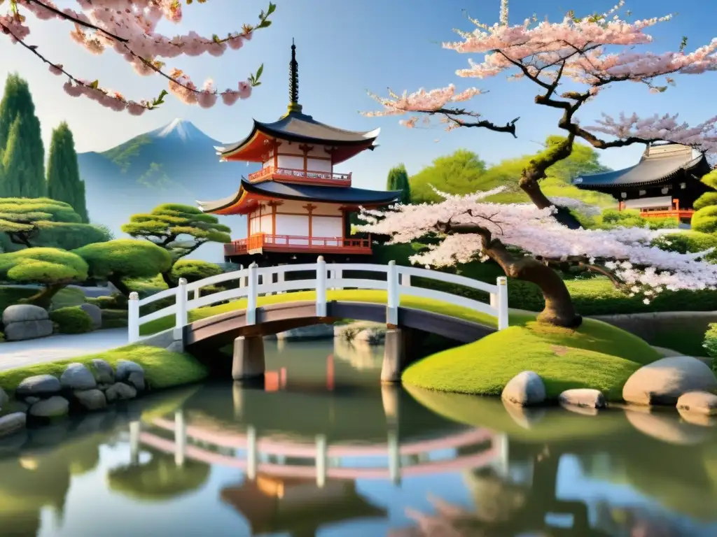 Pintura japonesa de un jardín tranquilo con cerezo en flor Pintura japonesa de jardín tranquilo con árbol de cerezo en flor sobre estanque, influencia poesía asiática forma occidental