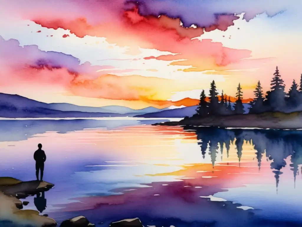 Pintura acuarela de un lago sereno reflejando un atardecer vibrante, con la silueta de una figura solitaria en la orilla, contemplando el horizonte