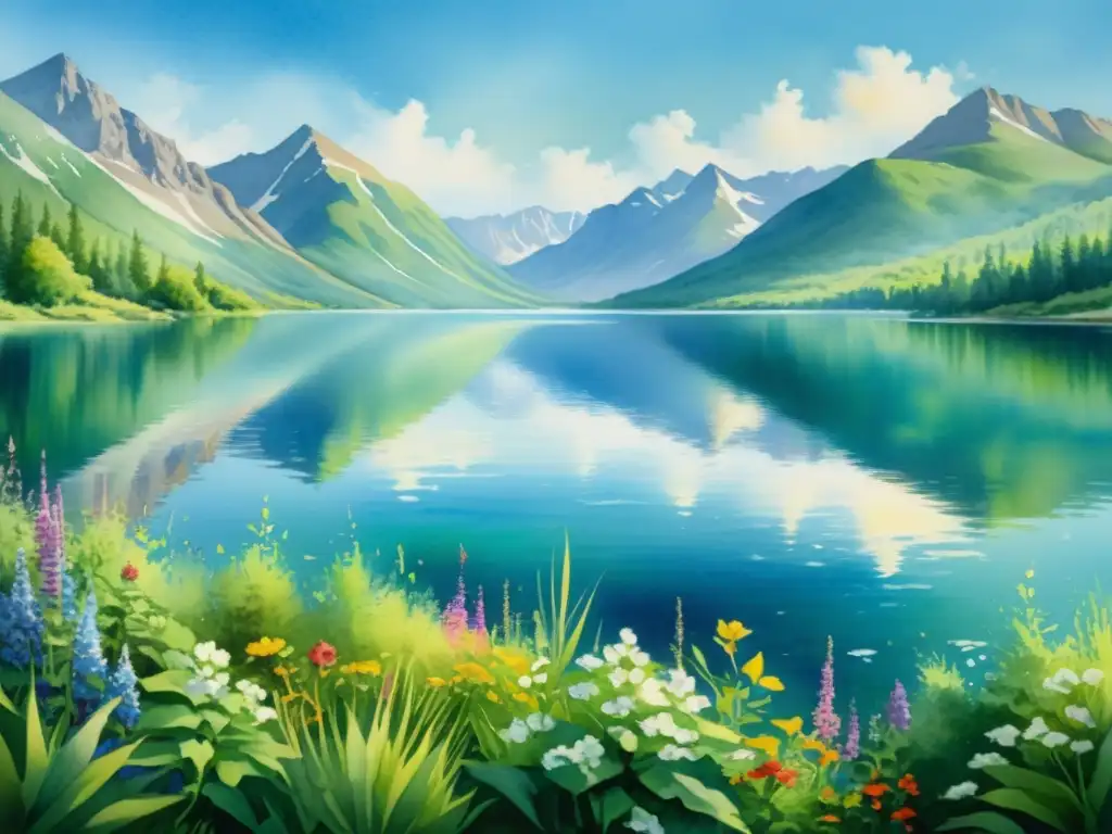 Pintura acuarela de un lago sereno rodeado de flores silvestres