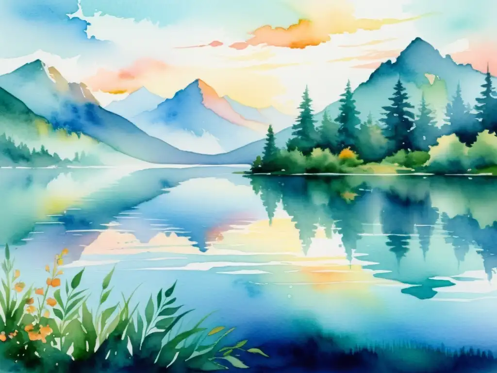 Pintura acuarela de un lago sereno rodeado de exuberante vegetación, reflejando un atardecer colorido