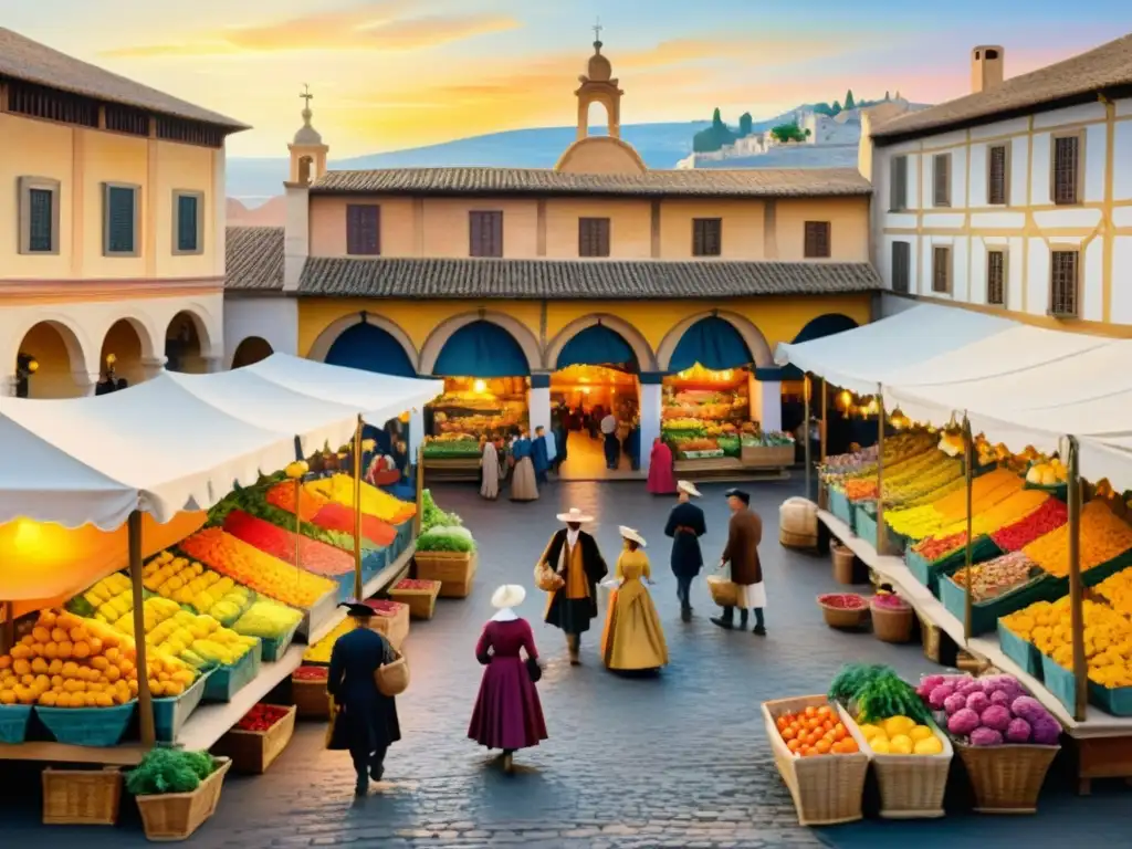 Pintura acuarela de mercado español del siglo XVII con influencia poesía Siglo de Oro, vendedores, nobles y luz dorada al atardecer