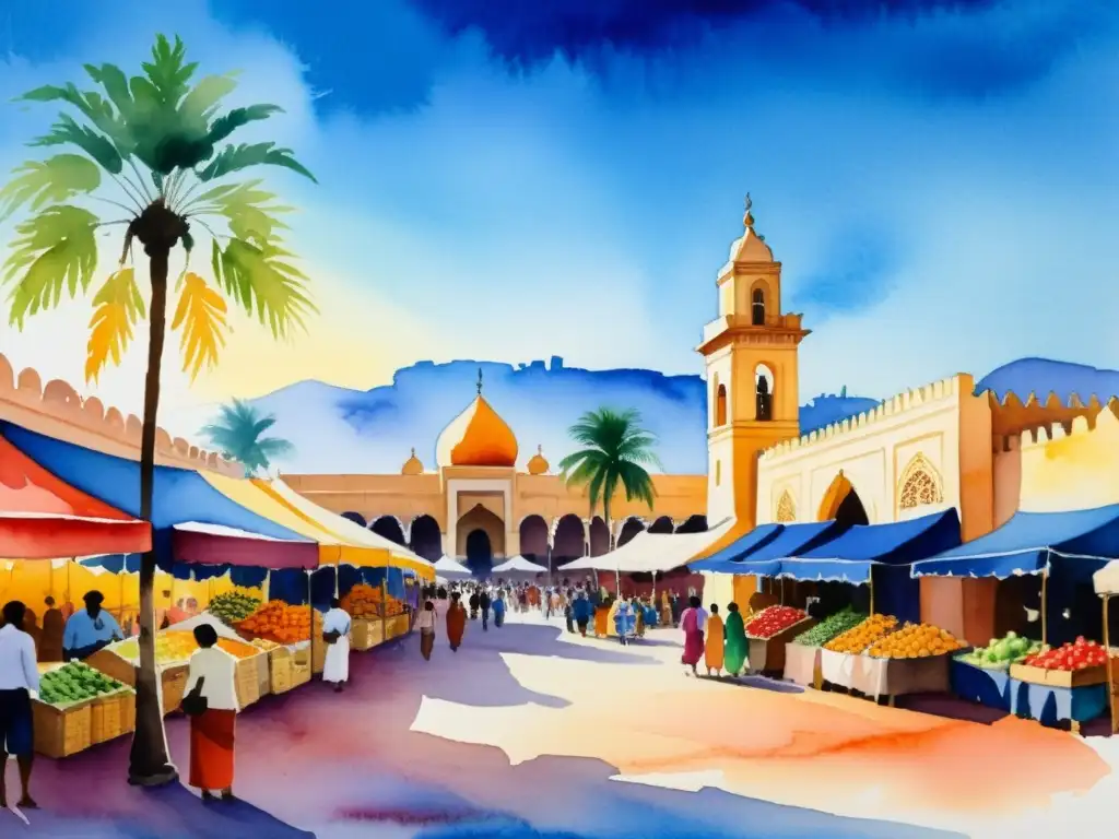 Pintura acuarela de mercado vibrante al atardecer