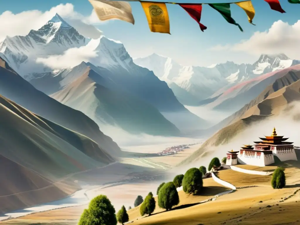 Pintura acuarela de montañas tibetanas neblinosas con banderas de oración ondeando al viento