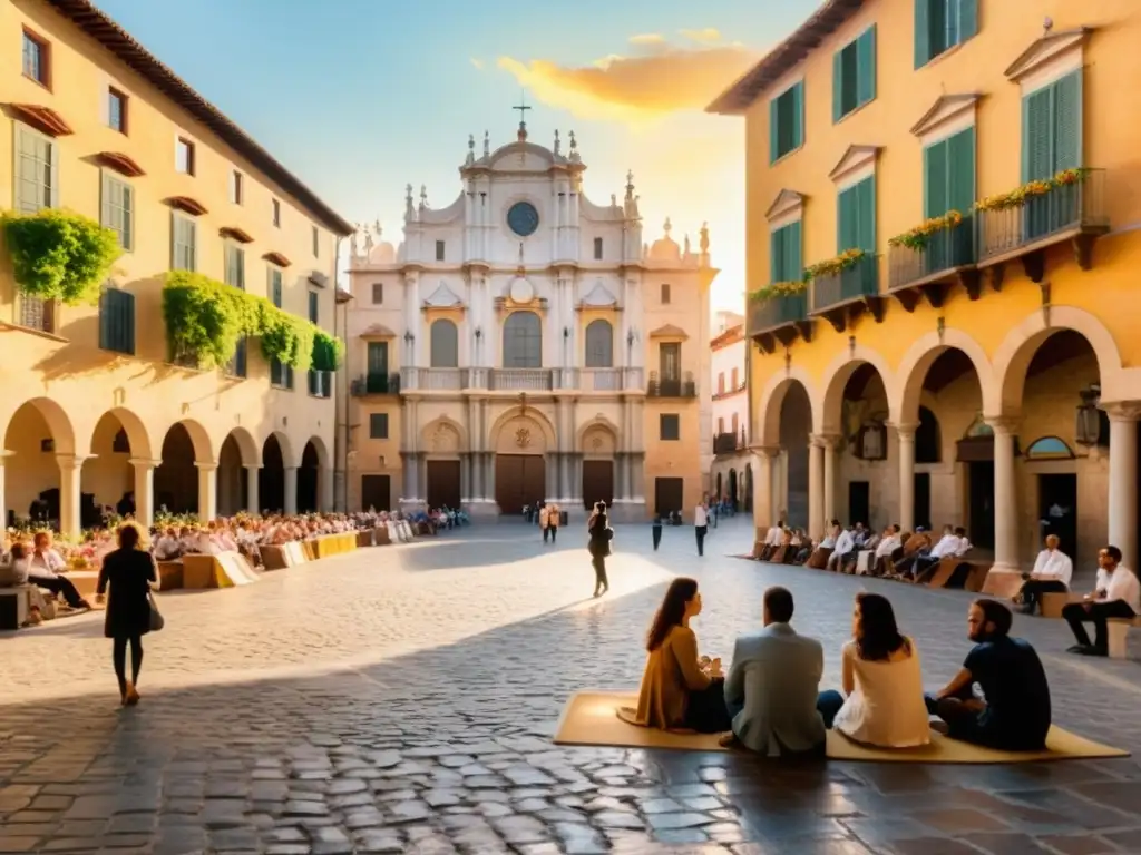 En la pintura, una multitud escucha apasionadamente la poesía del Siglo de Plata en una plaza española antigua, bañada por la cálida luz del sol