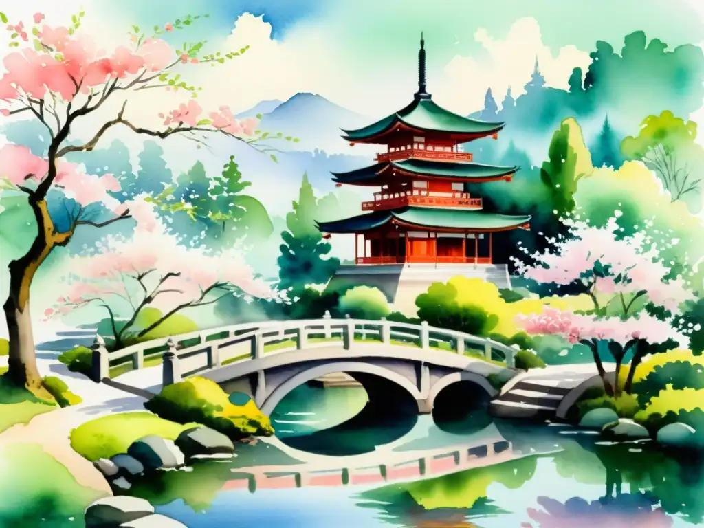 Pintura acuarela de paisaje asiático con jardín sereno, cerezos en flor y pagoda