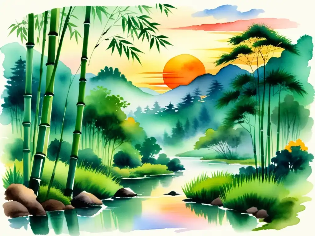 Pintura acuarela de un paisaje asiático tradicional con un bosque de bambú, río y atardecer en tonos cálidos