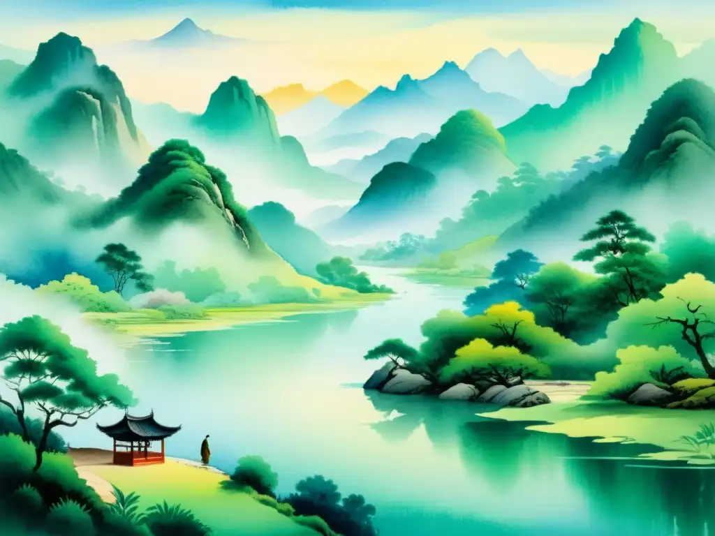 Pintura acuarela de paisaje chino con poesía Tang en artes marciales, montañas neblinosas y figura solitaria practicando en río tranquilo