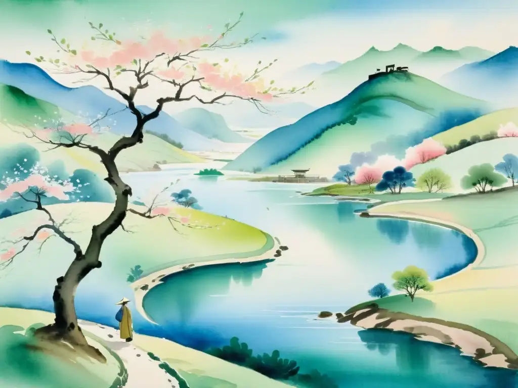 Pintura acuarela de paisaje chino tranquilo durante la dinastía Tang, con colinas, río y poeta bajo un cerezo en flor