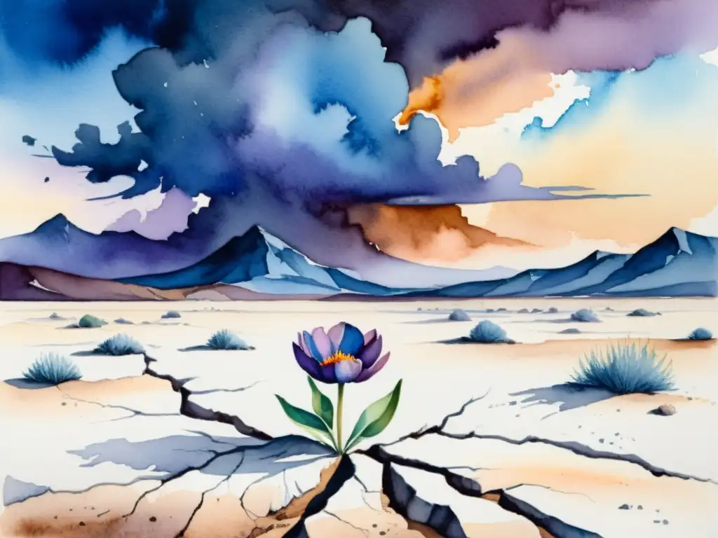 Pintura acuarela de paisaje desolado, donde florece una sola flor entre la tierra agrietada