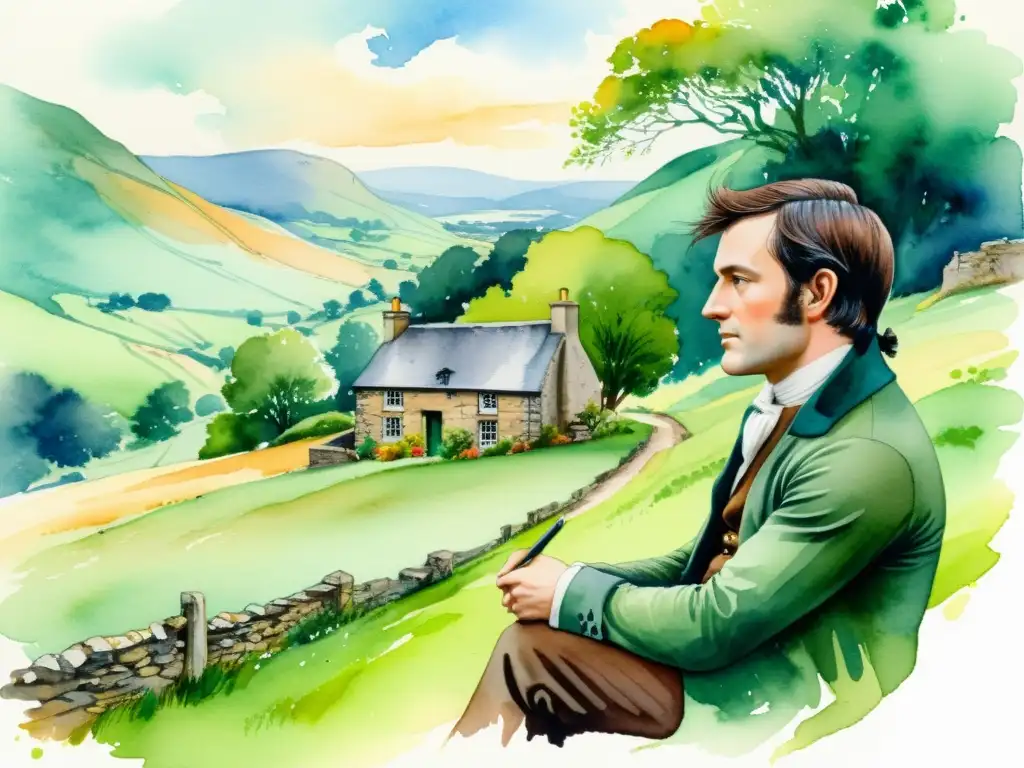 Robert Burns en pintura acuarela contempla paisaje escocés con colinas verdes y cabaña de piedra