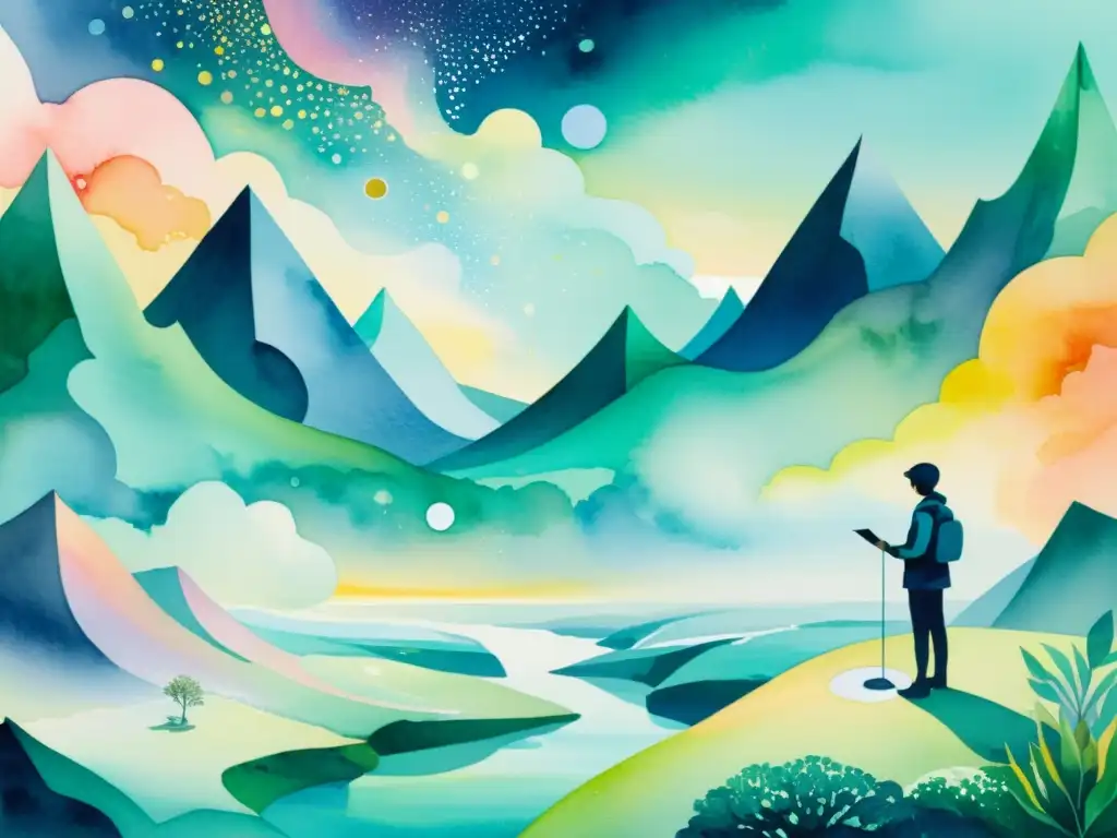 Pintura acuarela de paisaje futurista con poeta IA creando versos de código brillante