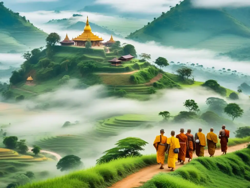 Pintura de paisaje místico en Myanmar con monasterio y monjes en saffron, evocando la poesía religiosa de Myanmar traducida