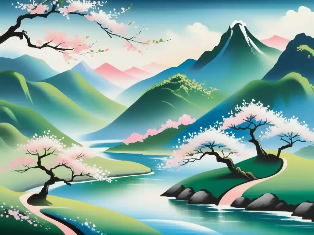 Paisaje sereno de montaña y cerezos en pintura asiática Pintura de paisaje montañoso con cerezos en flor y río serpenteante, evocando la preservación de lenguas asiáticas minoritarias