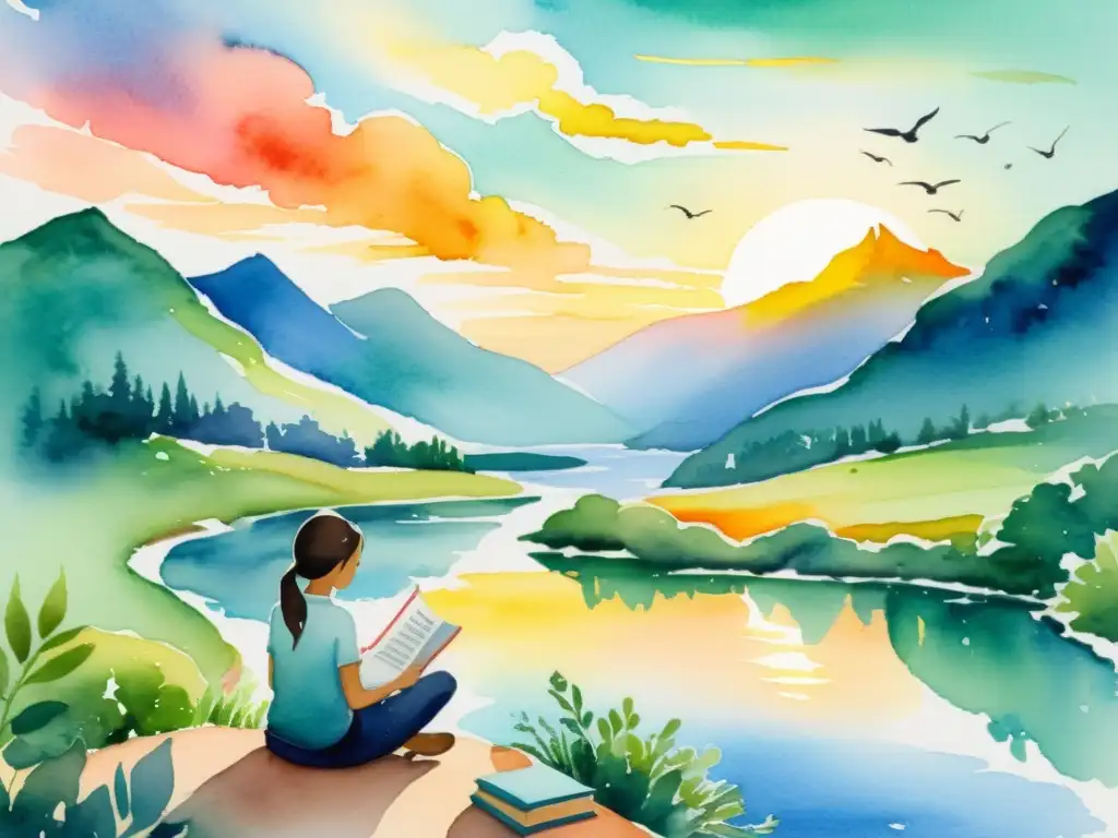 Pintura acuarela de un paisaje natural sereno con un río sinuoso, vegetación exuberante y un atardecer colorido