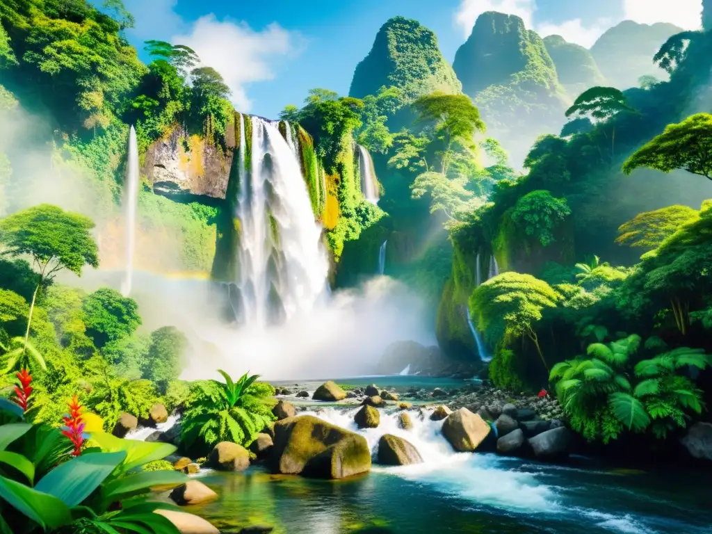 Pintura acuarela de paisaje tropical exuberante con río y cascada