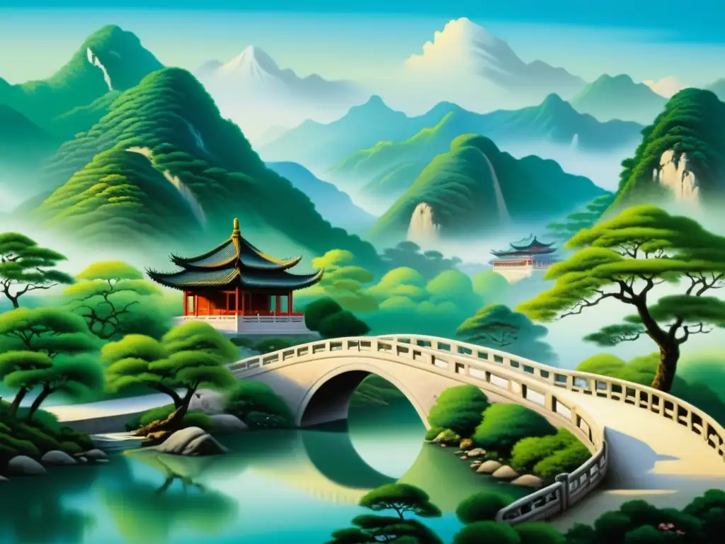 Una pintura con palabras de la antigua China: paisaje sereno, montañas cubiertas de niebla, río sinuoso y un pabellón chino entre árboles exuberantes