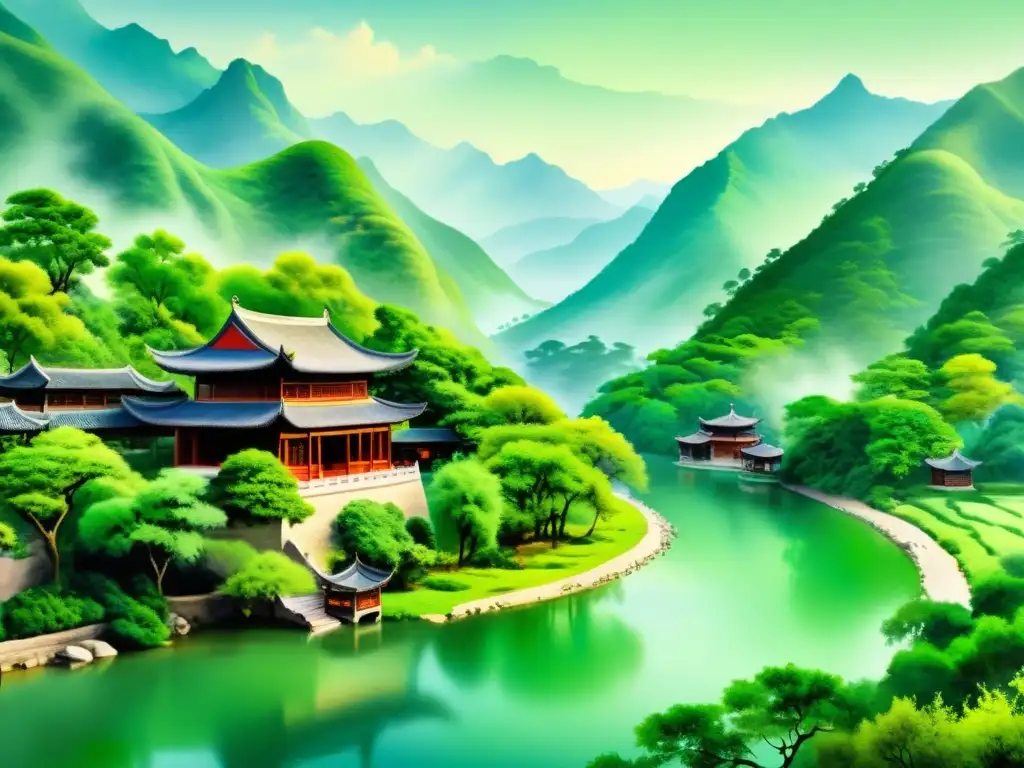 Pintura con palabras de antigua China: paisaje sereno con río, montañas verdes y pabellón tradicional entre árboles