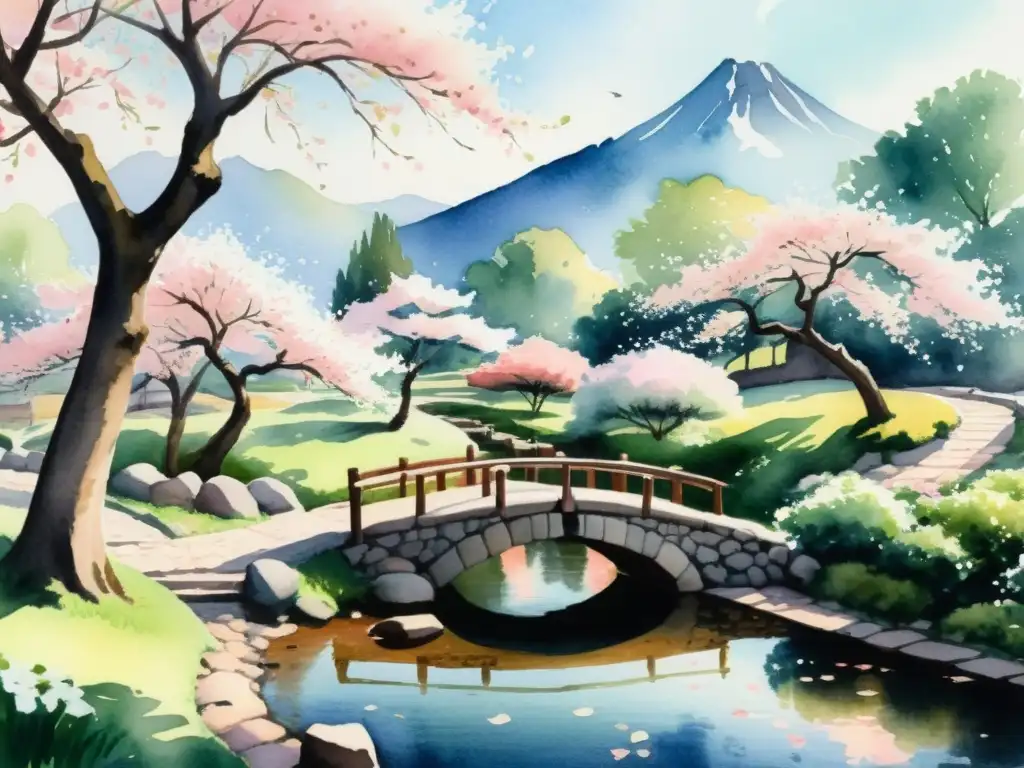 Parque sereno con cerezos en flor y montañas al fondo Pintura acuarela de un parque sereno con árboles de cerezo en flor, luz suave y montañas al fondo