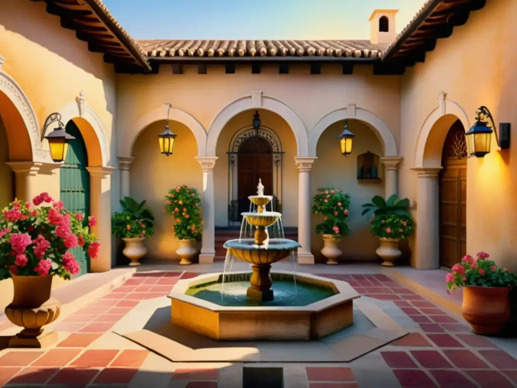 Pintura acuarela de un patio español al atardecer, con bougainvillea floreciendo y una fuente serena en el centro