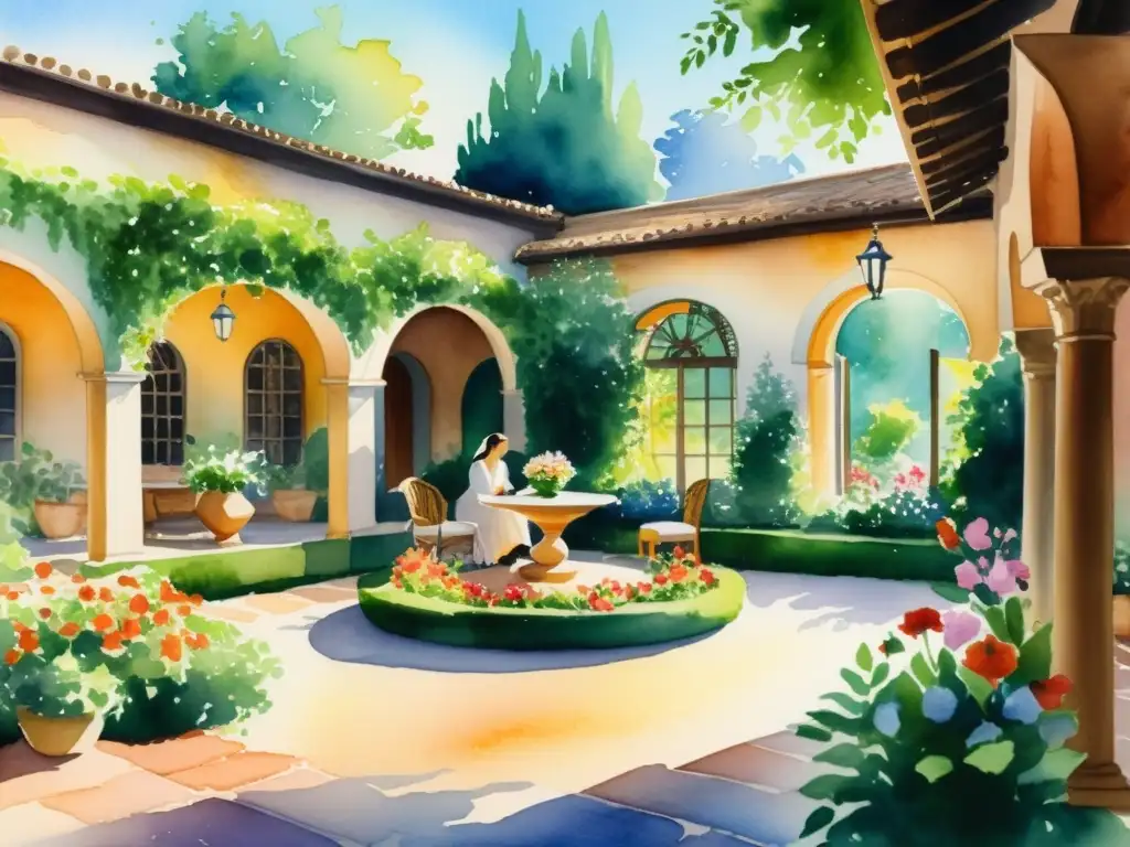 Pintura acuarela de patio lujoso con poetas elegantes conversando, rodeados de flores y vegetación exuberante