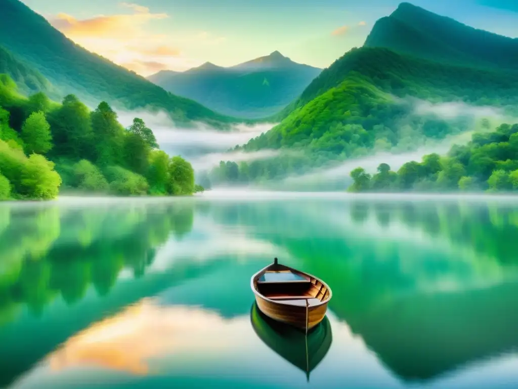 Una pintura que muestra la poesía como instrumento de paz, con un lago sereno rodeado de montañas verdes y una suave neblina sobre el agua