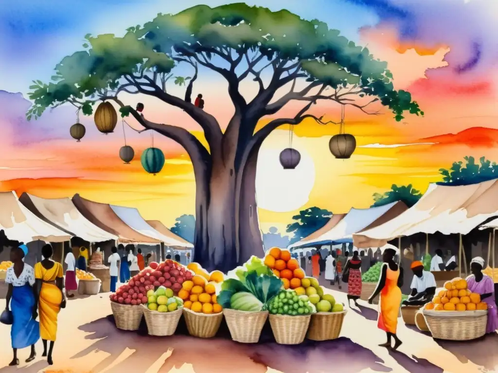 Una pintura acuarela con la poesía de un mercado senegalés, mujeres vendiendo frutas en vestidos tradicionales bajo un baobab al atardecer