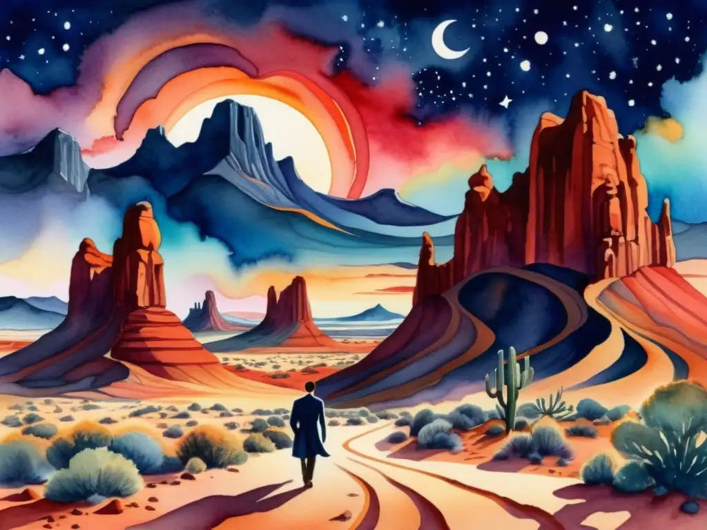 Pintura acuarela evoca la poesía onírica de Federico García Lorca en un paisaje surrealista de desierto, figuras fantasmales y cielos vibrantes