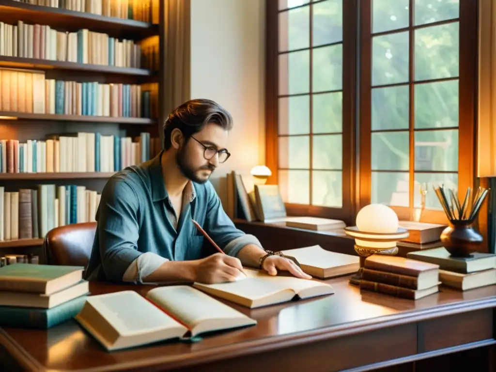 Pintura acuarela de un poeta rodeado de libros, escribiendo con luz cálida