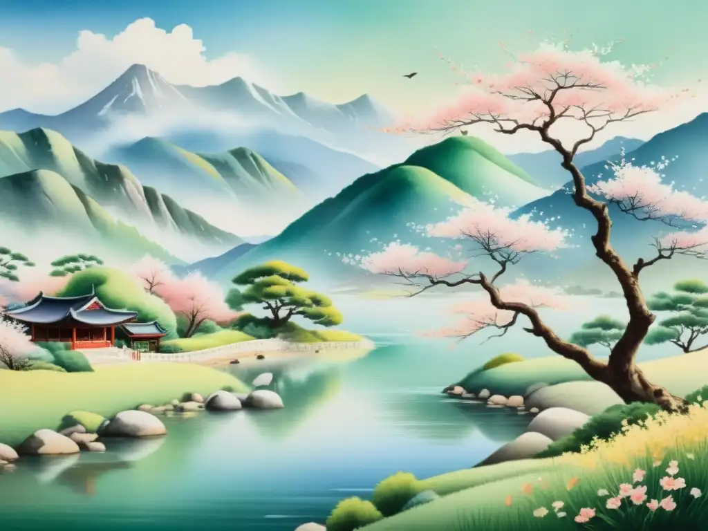 Una pintura serena en acuarela de un paisaje tradicional coreano, con montañas exuberantes, un río tranquilo y un delicado árbol de cerezo en primer plano