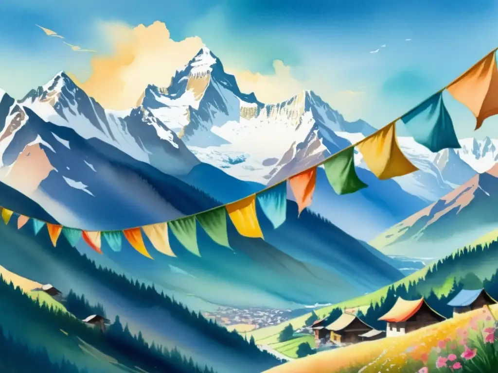 Pintura serena de los Himalayas con banderas de oración y un pueblo, bajo picos majestuosos