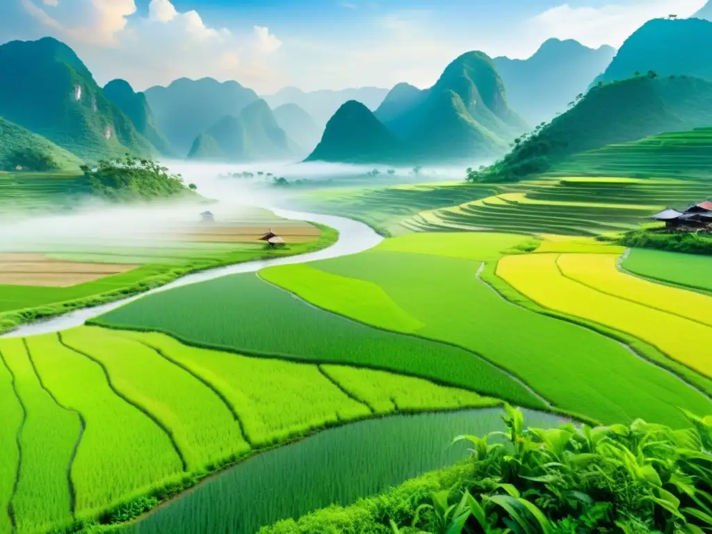 Pintura acuarela de una serena campiña vietnamita, con arrozales verdes y majestuosas montañas al fondo