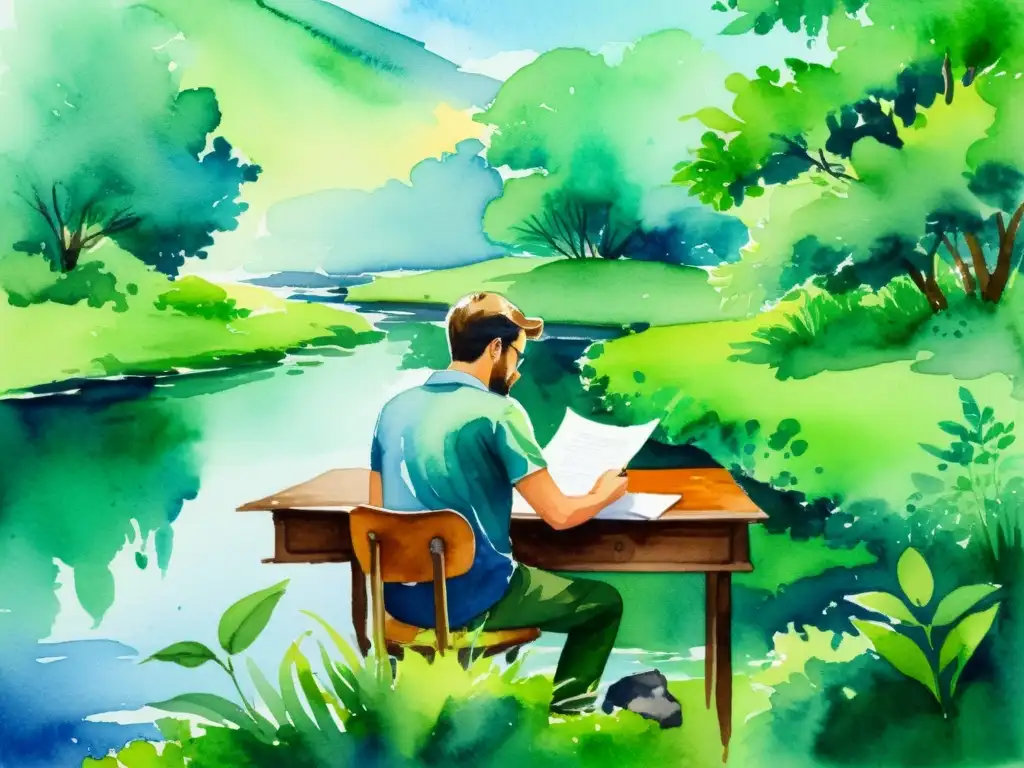 Un pintura acuarela serena muestra a un escritor rodeado de naturaleza, junto a un arroyo, inspirando a publicar poesía en revistas internacionales