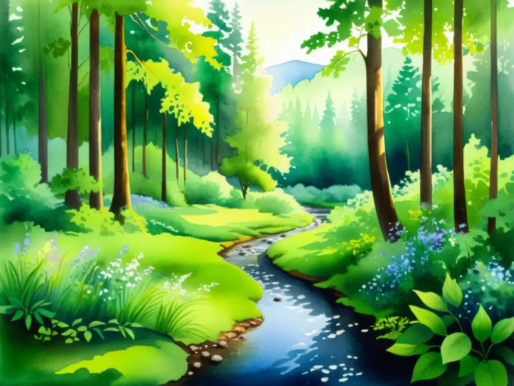 Pintura acuarela serena de un exuberante bosque verde con flores silvestres