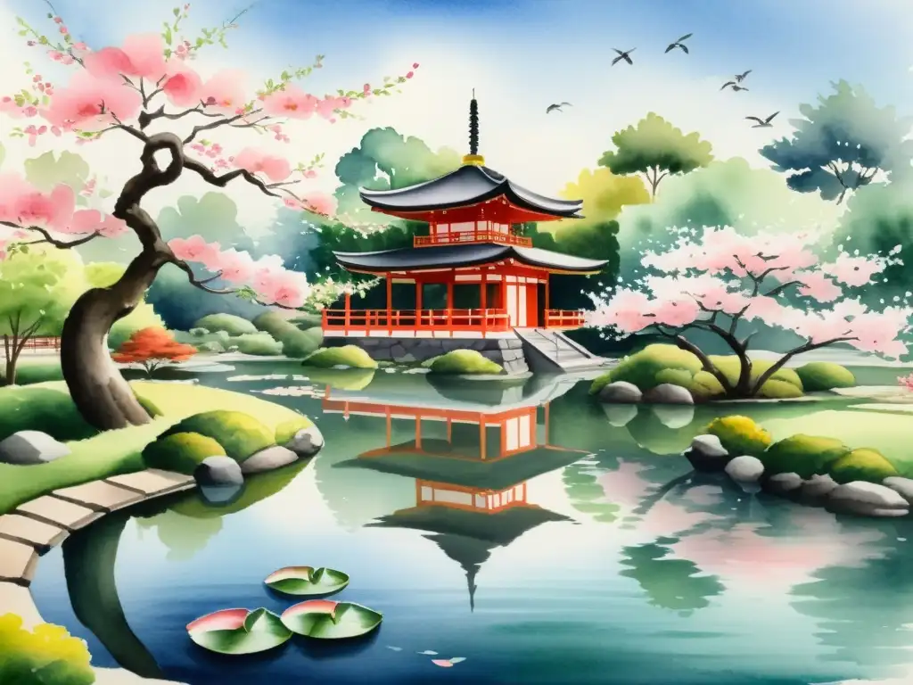 Pintura acuarela serena de jardín japonés con cerezo en flor, pagoda y peces koi