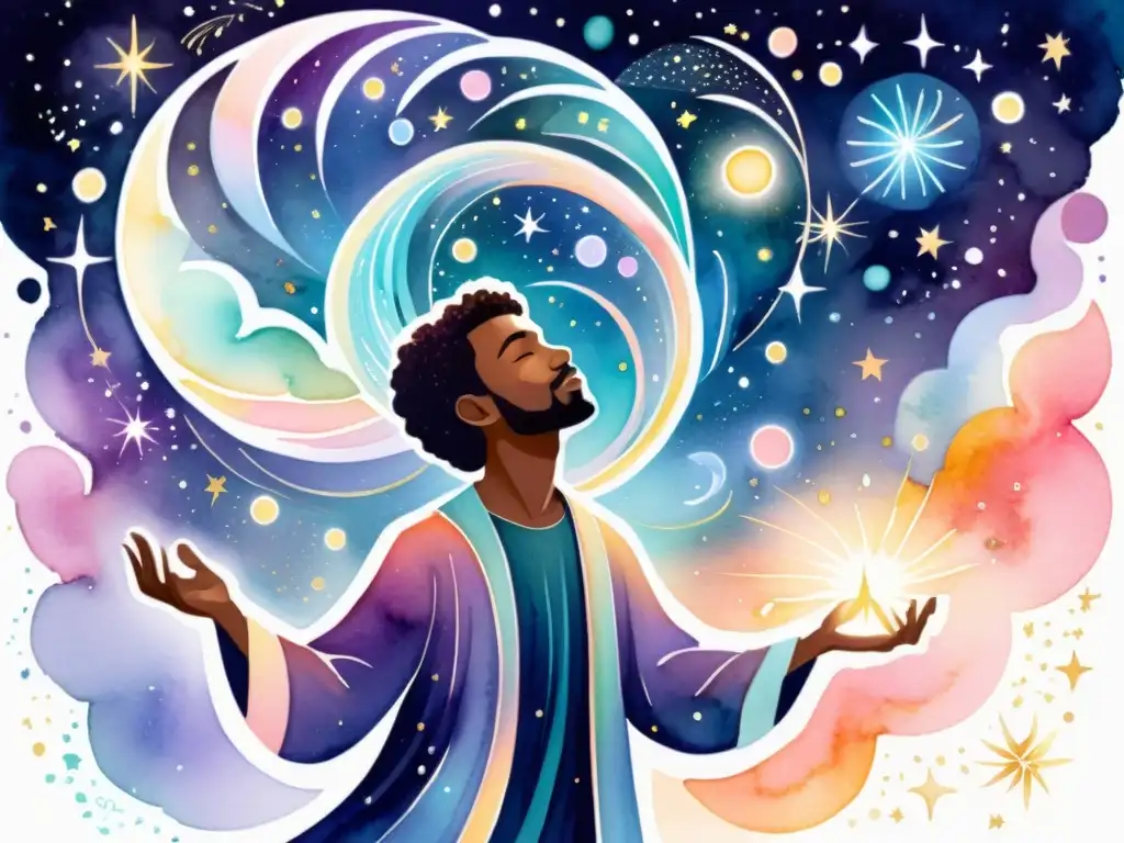 Un pintura acuarela serena de un poeta celestial liberando versos brillantes al cosmos, fusionando poesía y tecnología NFT
