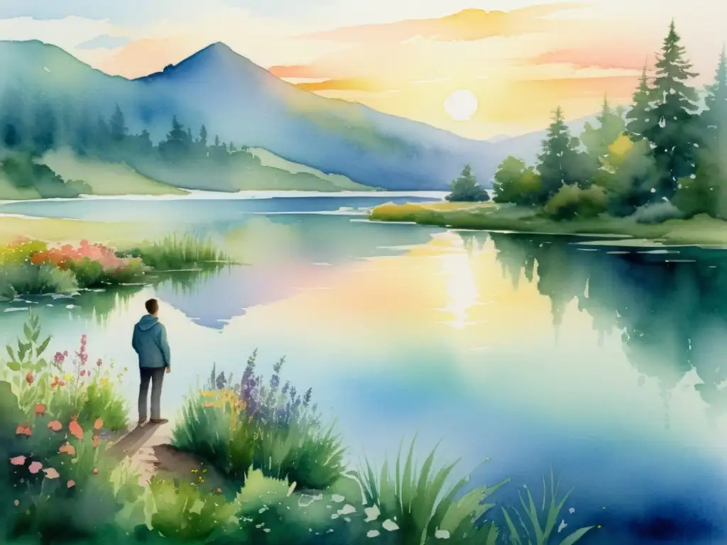 Una pintura serena y poética: una figura solitaria contemplando un lago tranquilo, rodeado de exuberante vegetación y vibrantes flores silvestres