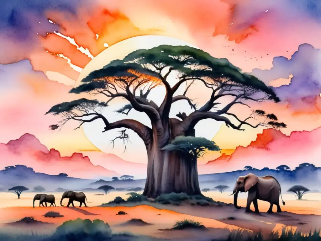 Pintura acuarela serena de la sabana africana al anochecer, con un cielo naranja y rosa vibrante y una majestuosa ceiba