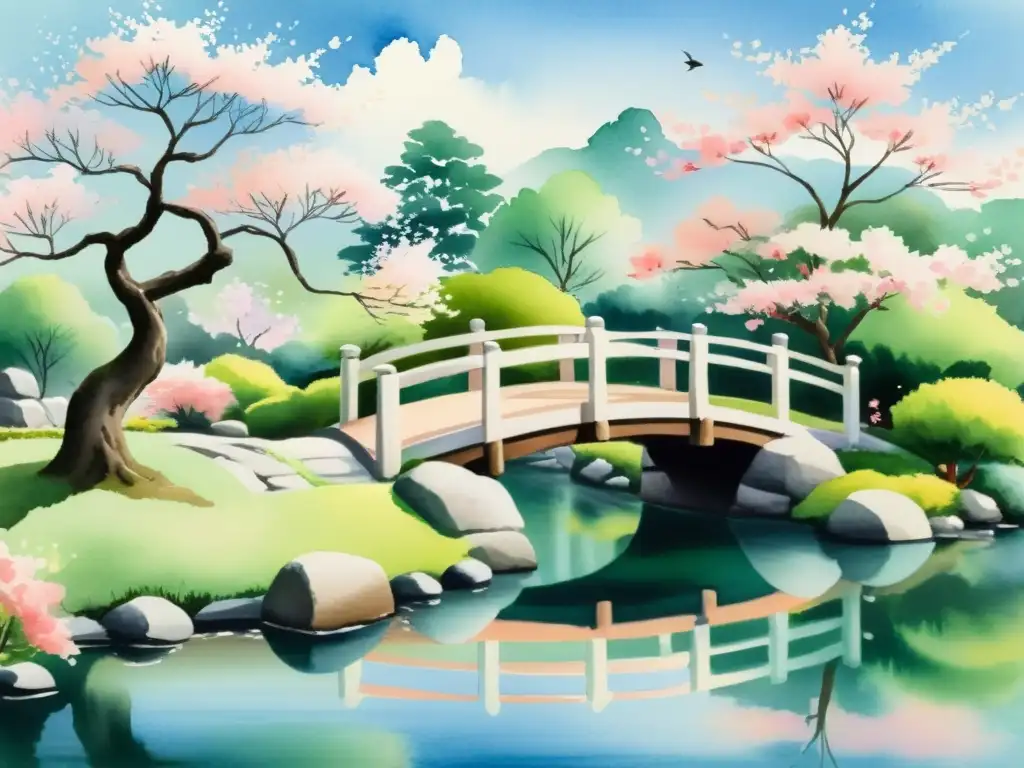 Una pintura serena de un jardín japonés tradicional con un estanque tranquilo, cerezos en flor y un pequeño puente de piedra, capturando la esencia de la naturaleza y la tranquilidad que encarna el arte del haiku